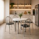 Ver imagem 1 de Conjunto Sala de Jantar Mesa Redonda 90cm 4 Cadeiras Estofadas Corino Cromado/Branco/Preto