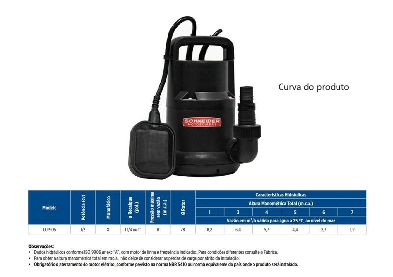 Bomba Schneider Submersível para Drenagem Lup-05 0,5cv Monofásico 127v Preto 127 (m) - 3