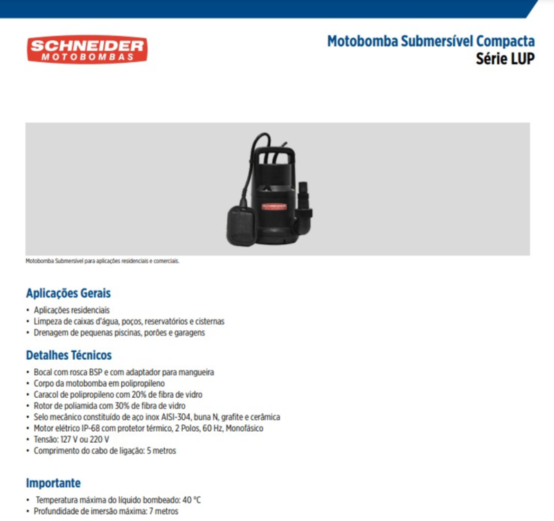 Bomba Schneider Submersível para Drenagem Lup-05 0,5cv Monofásico 127v Preto 127 (m) - 2