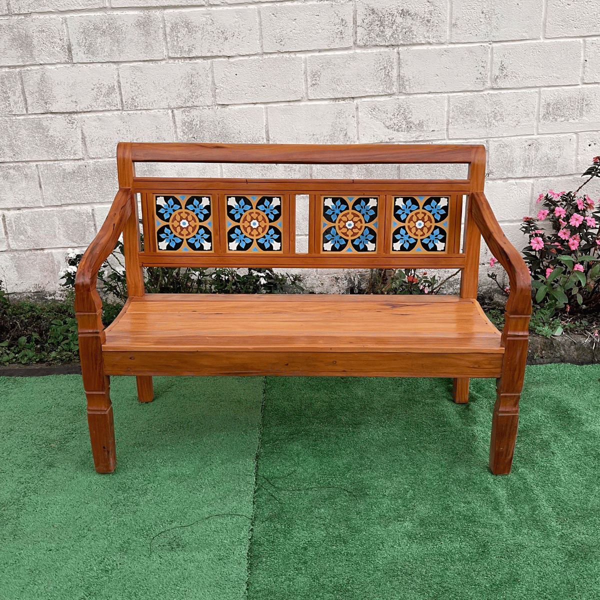 Banco Namoradeira 2 Lugares Ladrilho Azul Madeira Peroba Rosa Sudeste Rústico - 9