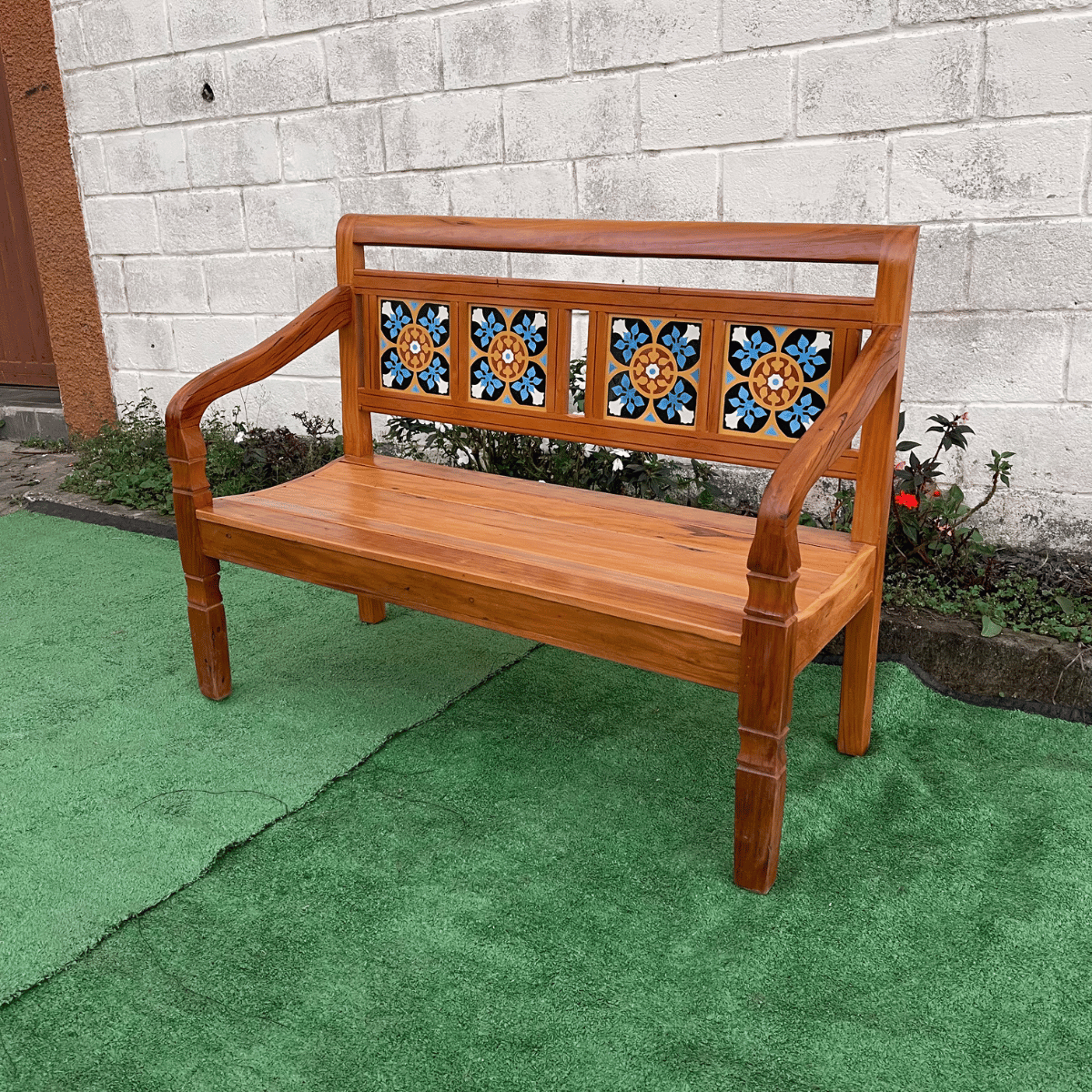 Banco Namoradeira 2 Lugares Ladrilho Azul Madeira Peroba Rosa Sudeste Rústico - 10