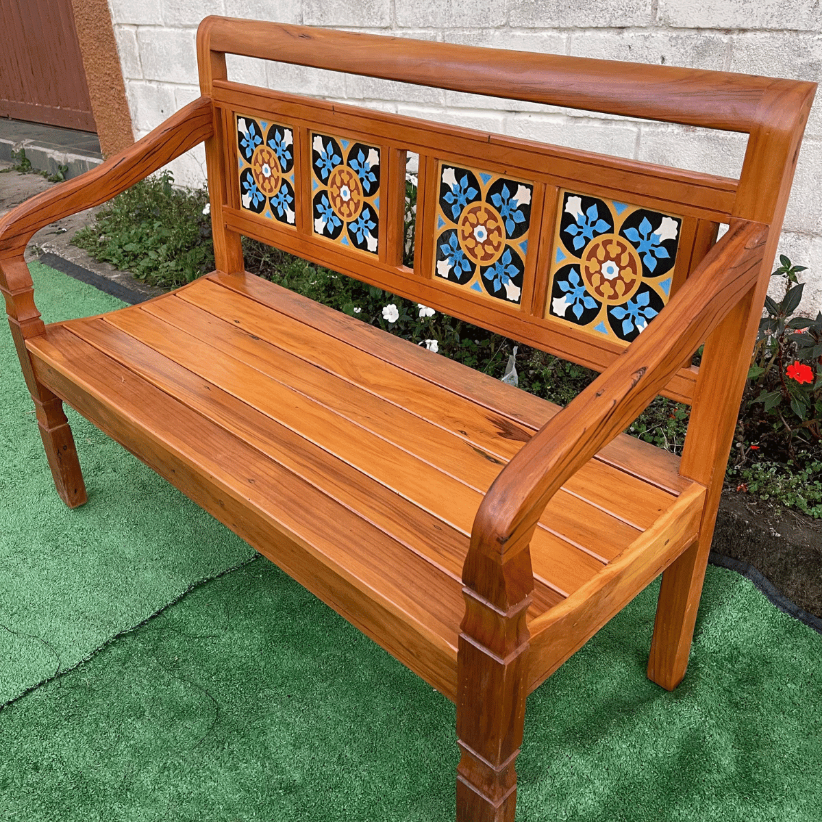 Banco Namoradeira 2 Lugares Ladrilho Azul Madeira Peroba Rosa Sudeste Rústico - 7