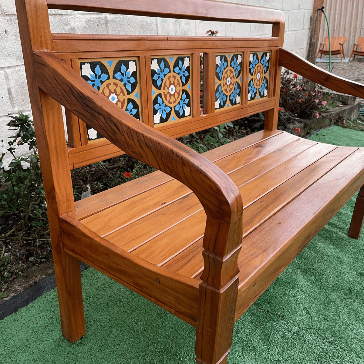 Banco Namoradeira 2 Lugares Ladrilho Azul Madeira Peroba Rosa Sudeste Rústico - 8