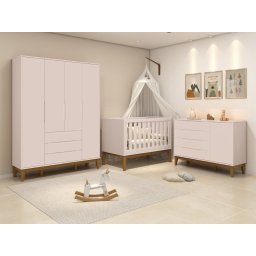 Quarto de Bebê Elfe com Guarda-roupa 4 Portas, Cômoda com Porta e Berço Minicama Noah Rosa Reller - 1