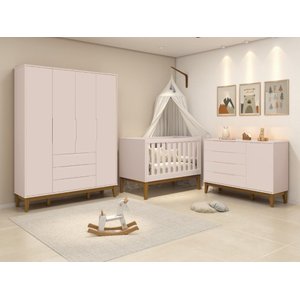 Quarto de Bebê Elfe com Guarda-roupa 4 Portas, Cômoda com Porta e Berço Minicama Noah Rosa Reller