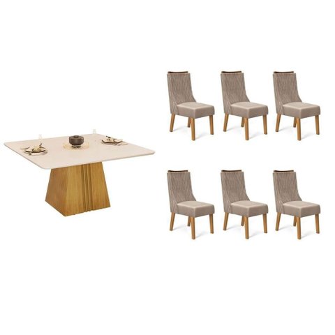 Conjunto: Mesa Sala Jantar Itália C/ Tampo Madeirado C/ Vidro Curvo 136x136cm e 6 Cadeiras Jade