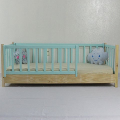 Cama Infantil Solteirão Base Colorida Madeira Maciça Pinus Grade Vertical