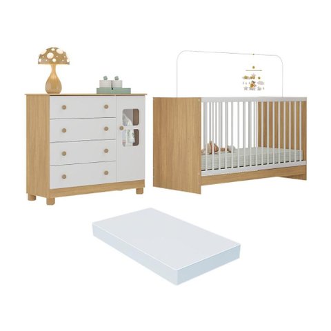 Berço 3 em 1 com Colchão Incluso e Cômoda 1 Porta 4 Gavetas Sol Multimóveis Mp4752 Madeirado/