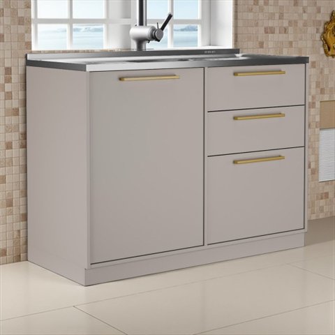 Balcão Cozinha 1 Porta 3 Gavetas 120cm com Pia Inox 100% MDF Rodapé em PVC Essence Itatiaia Cinza/Fendi