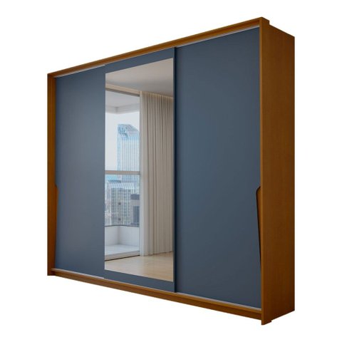 Guarda-Roupa Casal Mônaco 3 Portas 4 Gavetas com Espelho Freijó/Azul - Panorama Móveis
