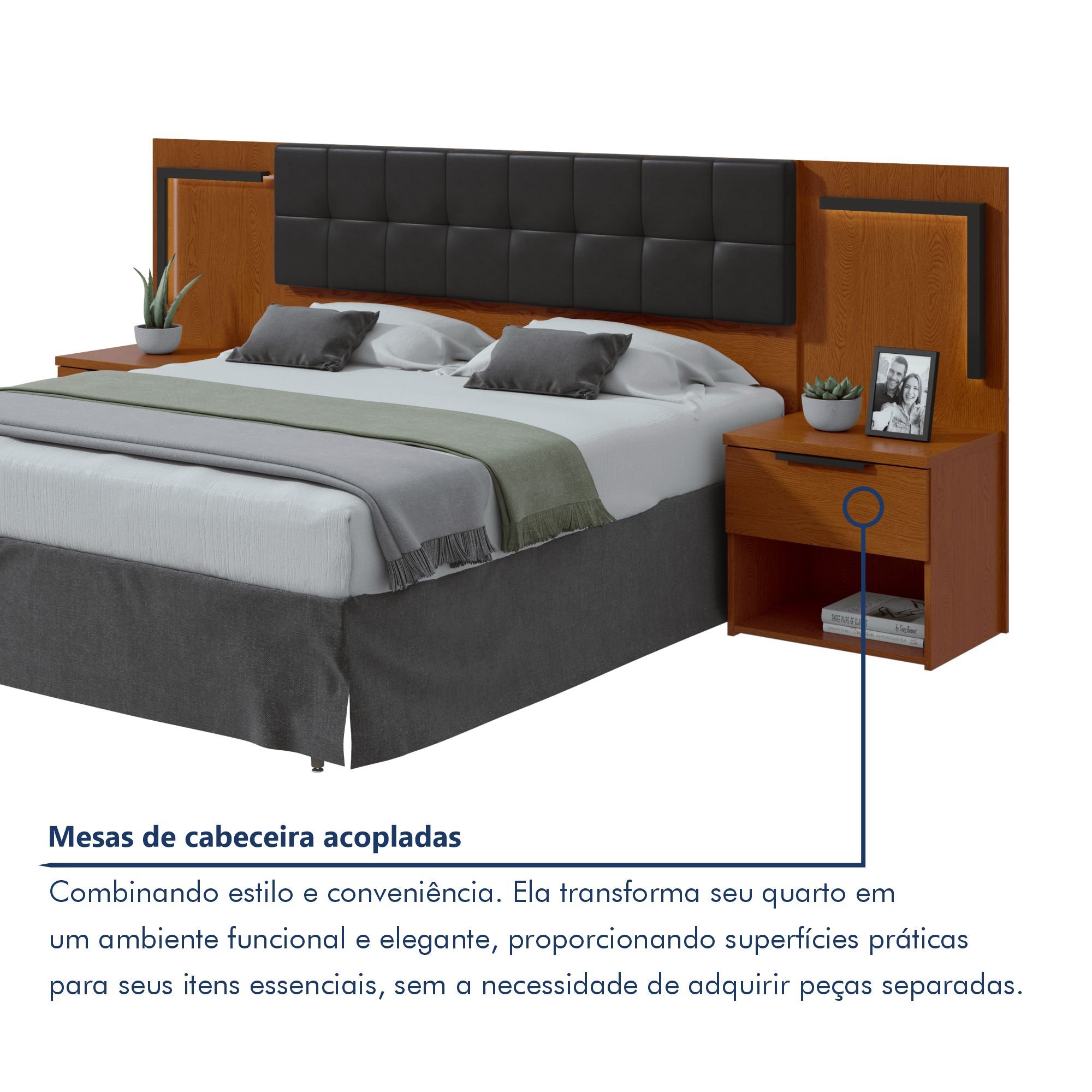 Cabeceira Casal / Queen 160cm 2 Mesas de Cabeceiras com Led Calitan - 5