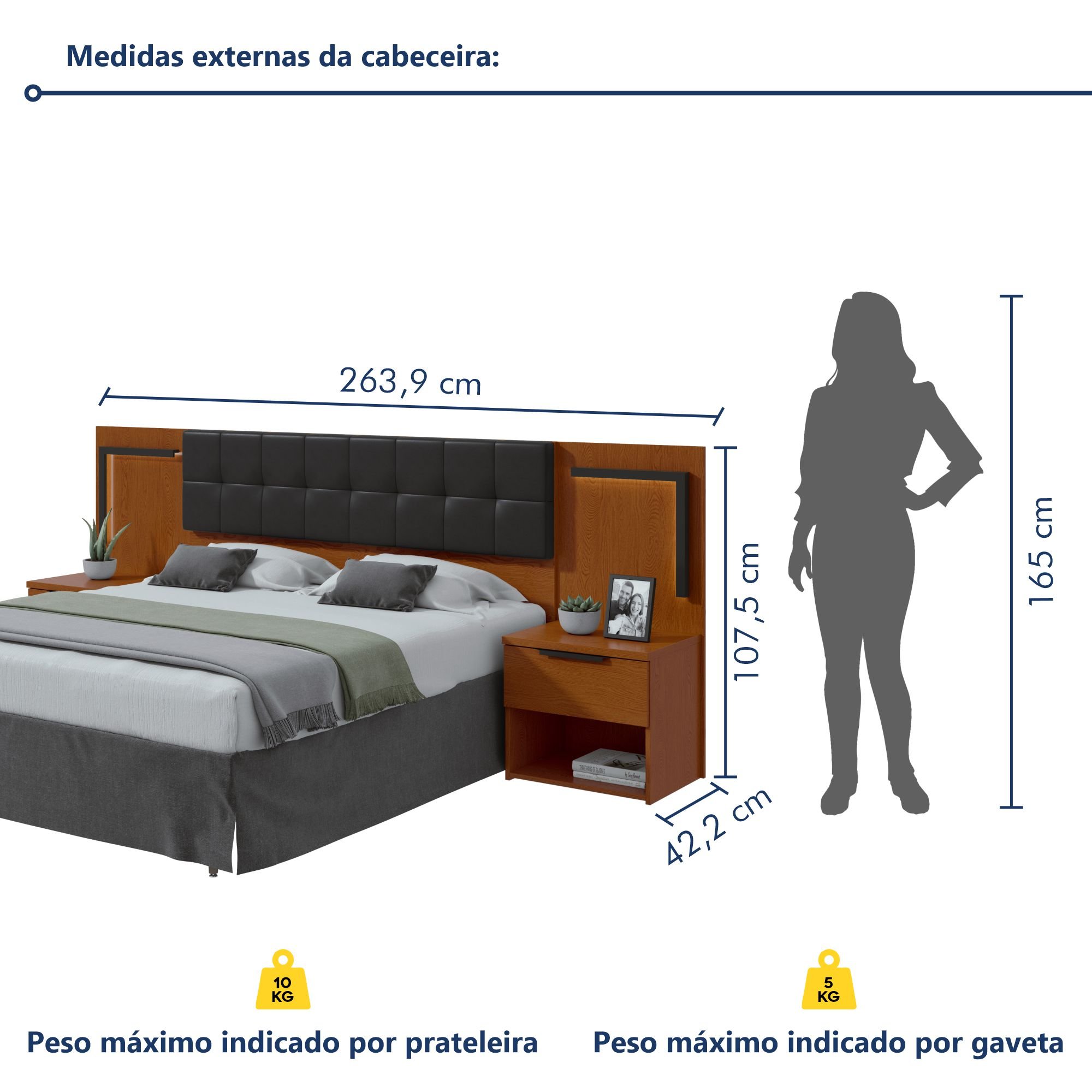 Cabeceira Casal / Queen 160cm 2 Mesas de Cabeceiras com Led Calitan - 7