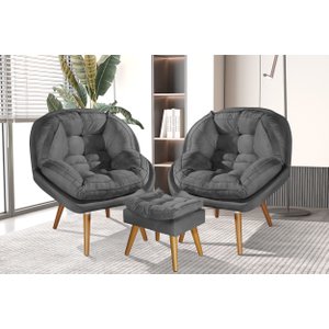 Conjunto Poltronas Sênior em Suede Premium com Puff e Pés de Madeira:grafite