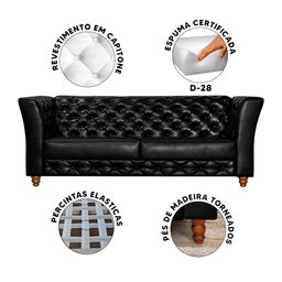 Sofá Para Barbearia Chesterfield 3 Lugares Preto Shop JM - 3