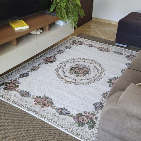 Tapete Sala Antiderrapante Floral Jasmin 01 Bege 1,00x1,50m