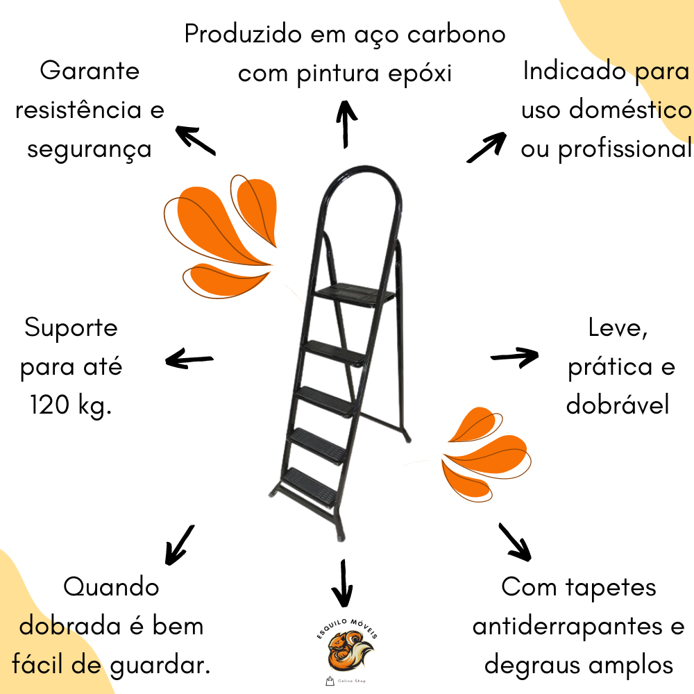 Escada de Aço Carbono 5 Degraus Antiderrapante Preto - 2