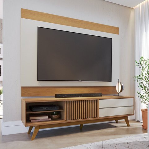 Rack com Painel para TV até 75 Polegadas 200CMX195,2cm Pés em Madeira Maciça Deslizante Veneza Marrom