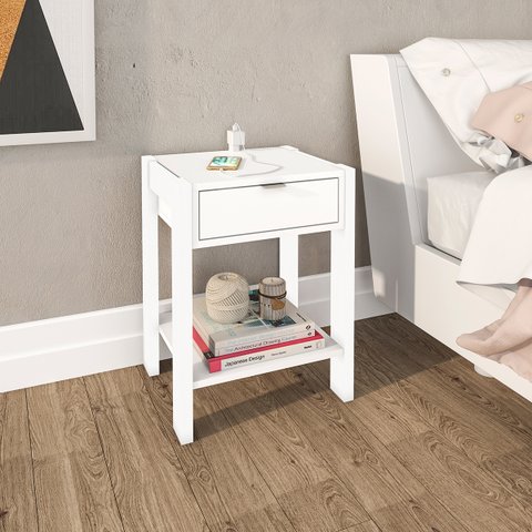 Mesa de Cabeceira Quarto com 1 Gaveta Prateleira e Tomada: Branco