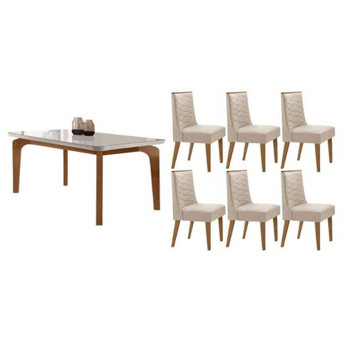 Conjunto: Mesa Sala Jantar Londrina Tampo c/ Vidro Curvo 180cm+6 Cadeiras Dafne Madeira Naturale/Off