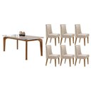 Ver imagem 1 de Conjunto: Mesa Sala Jantar Londrina Tampo c/ Vidro Curvo 180cm+6 Cadeiras Dafne Madeira Naturale/Off
