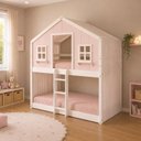 Ver imagem 3 de Beliche Infantil Montessori Casinha Dos Sonhos com Cortina Madeira Maciça Rosa/Branco Megamobilia
