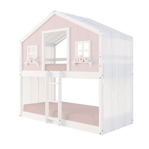 Beliche Infantil Montessori Casinha Dos Sonhos com Cortina Madeira Maciça Rosa/Branco Megamobilia