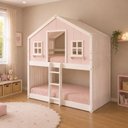Ver imagem 3 de Beliche Infantil Montessori Casinha Dos Sonhos com Cortina Madeira Maciça Rosa/Branco Megamobilia