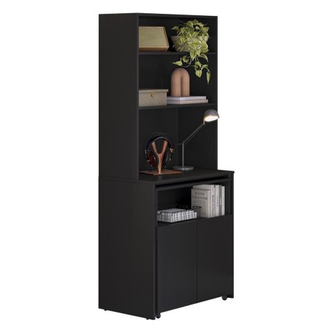 Armário Bancada de Cozinha 2 Portas com Mesa Retrátil Dual - Preto