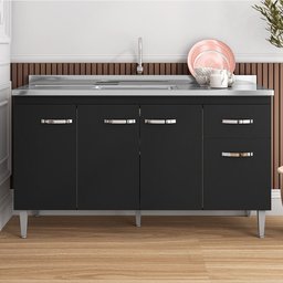 Balcão Gabinete Com Pia Inox 150cm 4 Portas e 1 Gaveta Gabriela Preto - AJL Móveis - 2