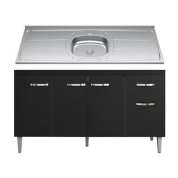 Balcão Gabinete Com Pia Inox 150cm 4 Portas e 1 Gaveta Gabriela Preto - AJL Móveis - 1