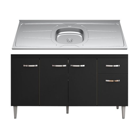 Balcão Gabinete Com Pia Inox 150cm 4 Portas e 1 Gaveta Gabriela Preto - AJL Móveis