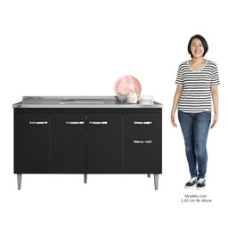 Balcão Gabinete Com Pia Inox 150cm 4 Portas e 1 Gaveta Gabriela Preto - AJL Móveis - 5