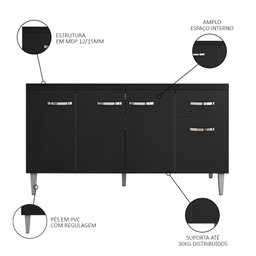 Balcão Gabinete Com Pia Inox 150cm 4 Portas e 1 Gaveta Gabriela Preto - AJL Móveis - 3