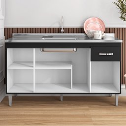Balcão Gabinete Com Pia Inox 150cm 4 Portas e 1 Gaveta Gabriela Preto - AJL Móveis - 6