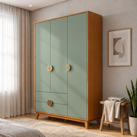 Guarda-Roupa Solteiro 3 Portas 2 Gavetas MDF Ipê Cinamomo Sálvia