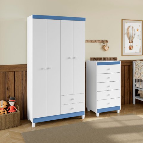 Guarda Roupa Infantil 4 Portas Branco Flex com Cômoda 5 Gavetas Aquarela Branco Clique Chique
