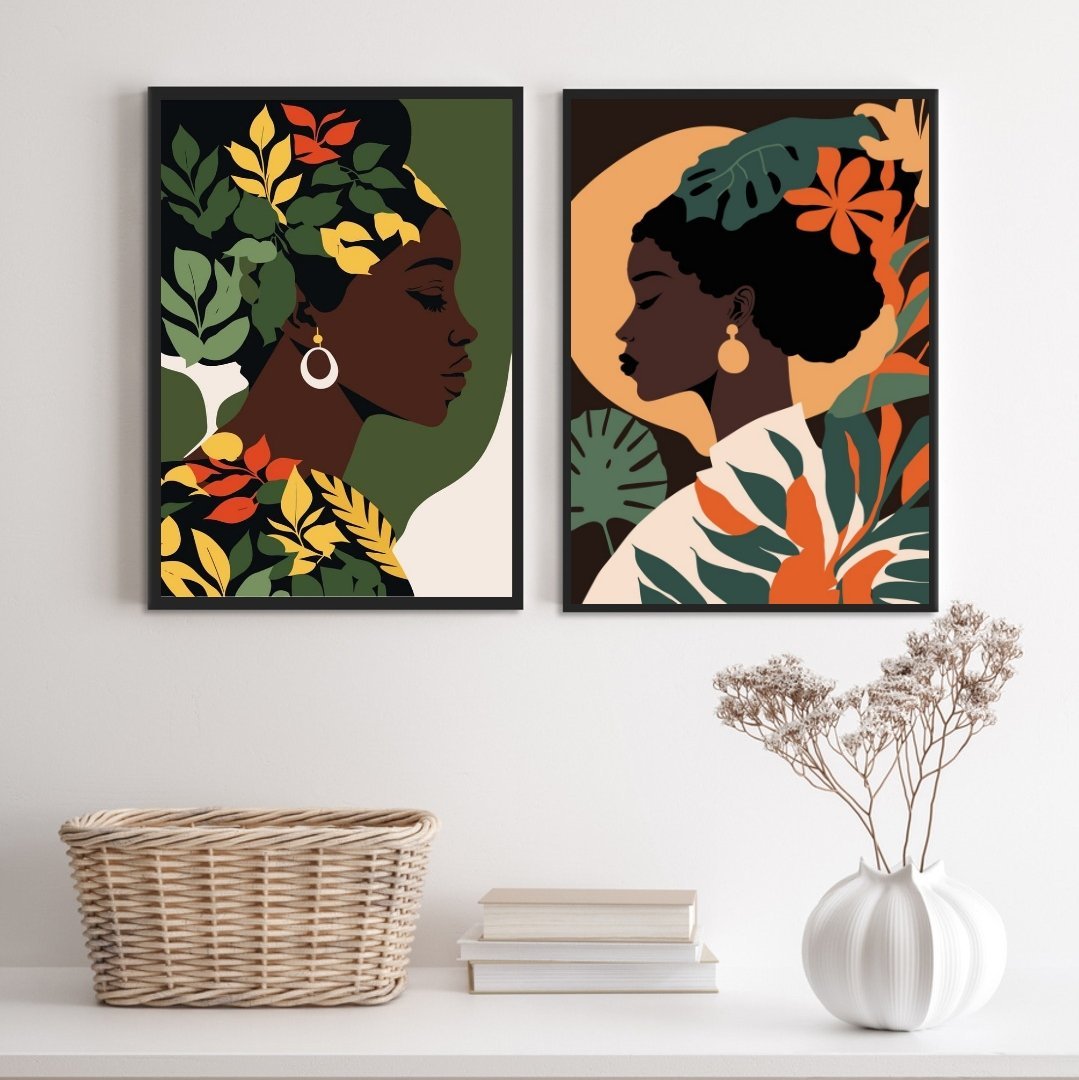 Kit 2 Quadros Mulheres Black African woman 45x34cm - com Vidro:madeira Preta