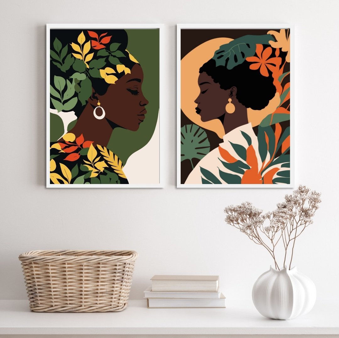 Kit 2 Quadros Mulheres Black African woman 45x34cm - com Vidro:madeira Preta - 2