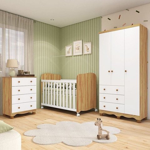 Quarto de Bebê Guarda-Roupa 3 Portas Cômoda e Berço Mimo MDF Espresso Móveis Amêndoa/Branco Brilho