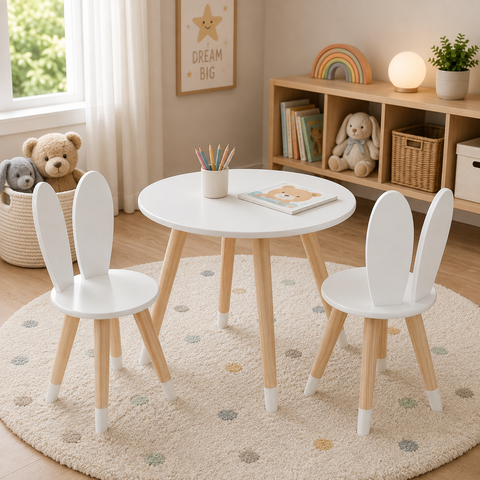 Conj Mesa 2 Cadeiras Coelho Infantil MDF15MM Pés Pinus:Branco