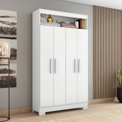 Armário Multiuso com 4 Portas e Nicho com Prateleiras Internas Branco/New/Rosa
