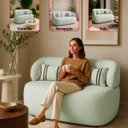 Ver imagem 2 de Poltrona Namoradeira 2 Lugares Orgânica Chloe Boucle Verde com Almofada Plumante - Arkell