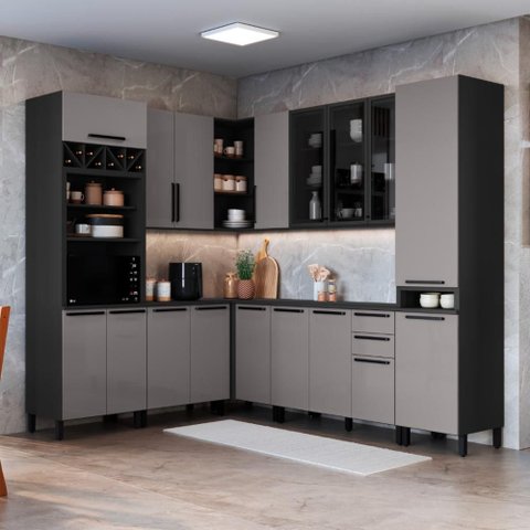 Cozinha Modulada Completa de Canto 8 Peças 449cm 17 Portas 2 Gavetas com Tampo Mônaco Chumbo/Titânio