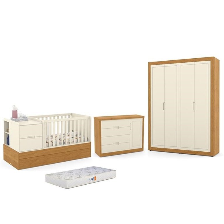 Dormitório Completo Infantil Tutto New 4 Portas, Cômoda, Berço Multifuncional Formare e Colchão D18 Dormitório Completo Infantil Tutto New 4 Portas, Cômoda, Berço Multifuncional Formare e Colchão D18