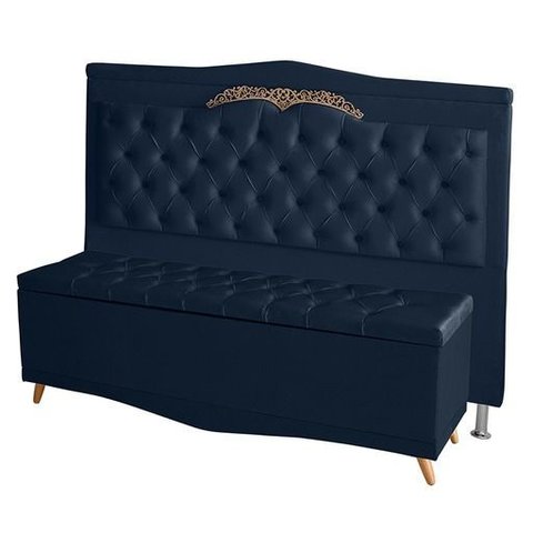 Kit Cabeceira de Cama Box e Calçadeira Baú Madri Casal 140 Cm Suede Azul Marinho Eli Móveis e Decora