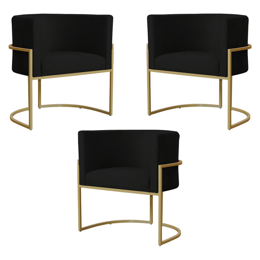 Kit 3 Poltronas Decorativa Sala de Estar Luana Base Gold Suede Preto - Montanaris Decor Md Montanari - 1