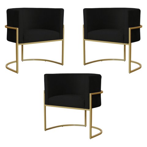 Kit 3 Poltronas Decorativa Sala de Estar Luana Base Gold Suede Preto - Montanaris Decor Md Montanari