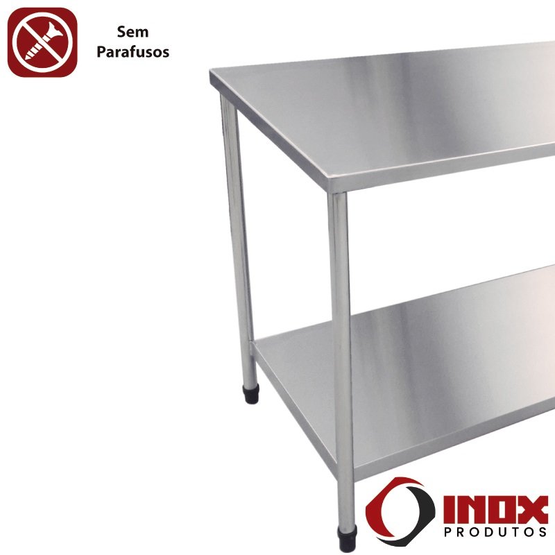 Mesa Inox com Prateleira Lisa - Modelo 01- Inox 304 - 290x70x90 Cm - 4