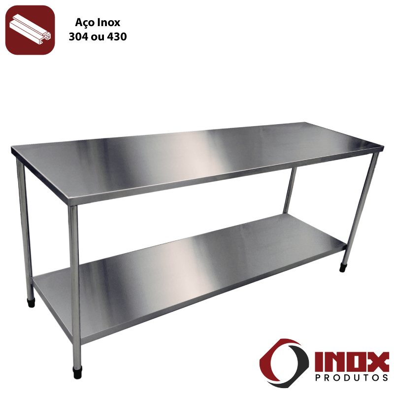 Mesa Inox com Prateleira Lisa - Modelo 01- Inox 304 - 290x70x90 Cm - 2