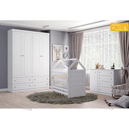 Dormitório Infantil Mississipi 4 Portas, Cômoda, Berço Cabana Branco com Colchão - Móveis Henn - 2
